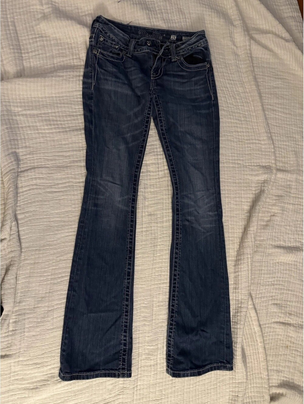 MissMe Women's Blue Denim Signature Boot Cut Embellished Pockets Jeans Size 25